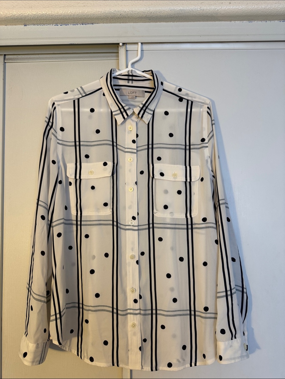 LOFT White Shirt with Black Polka Dot & Plaid Print